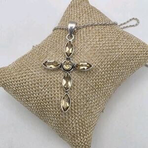 Sterling Silver 925 Large Citrine Gemstone Cross Pendant 24" Necklace 10.86g